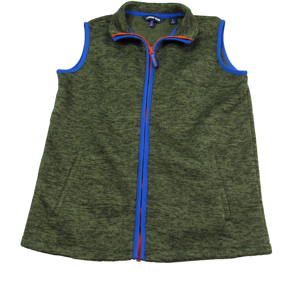 Lands End Boys Green Heathered Vest Kids Large 14-16 Fleece Full Zip